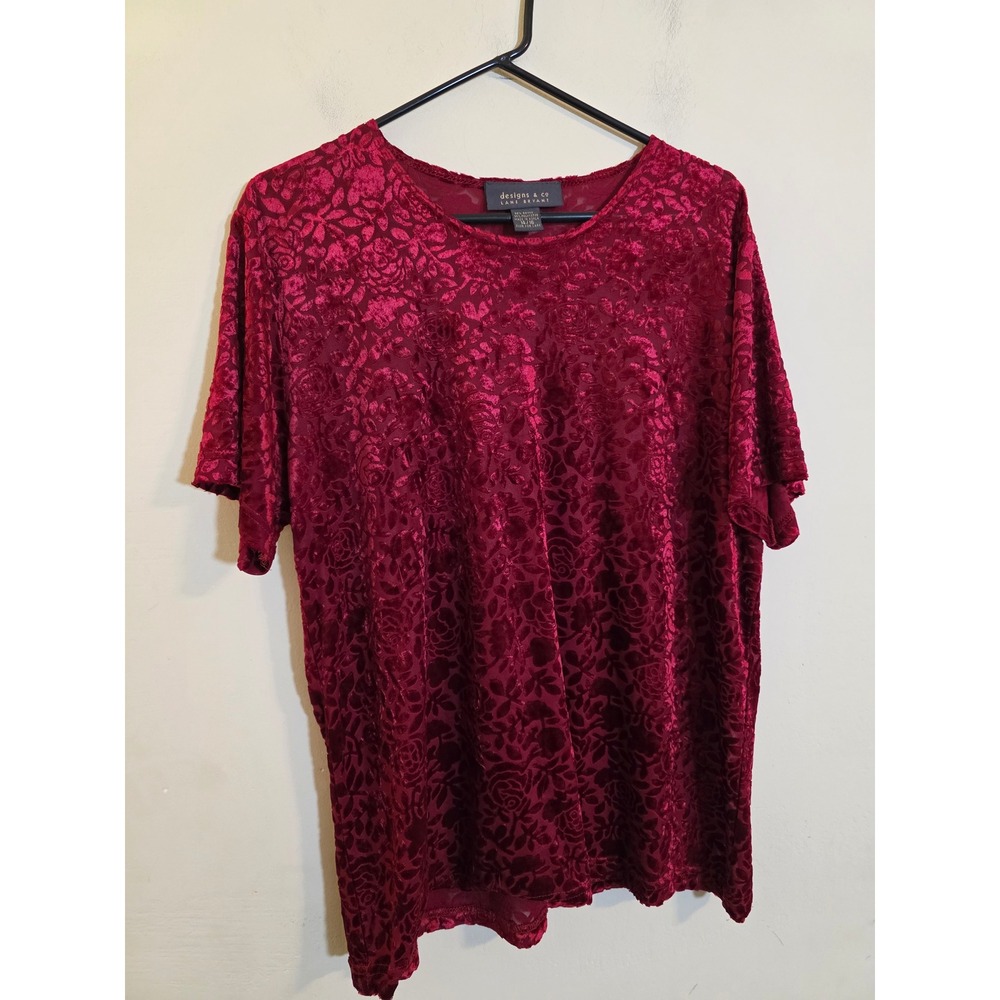 Lane Bryant Designs & Co Burgundy Floral Burnout Velvet Short Sleeve Top 14/16